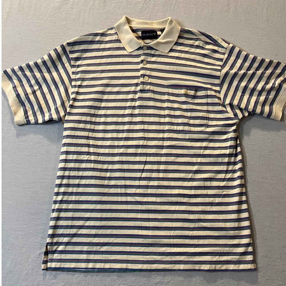 Gant Mens Large Striped Polo Shirt Short Sleeve Pocket Cream‎ Multi Color